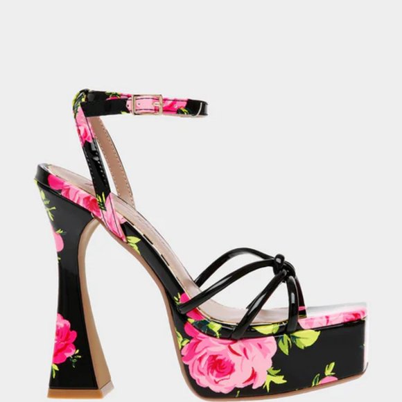 Betsey Johnson Black & Pink Floral Platform Sandals  392J - Picture 1 of 7